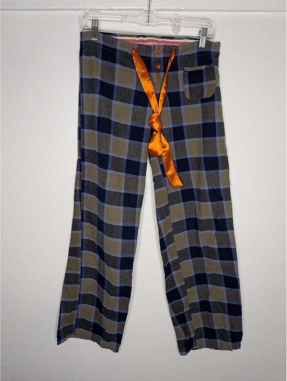 Butter Pajama Pants Womens S Blue Plaid Flannel Peace Sign Logo Drawstring